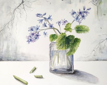 Bluebells & Mint, une peinture originale de l'artiste Kristen Johns, 9 x 12 pouces, art botanique, illustration de la nature, pour l'amateur de fleurs, jardinier