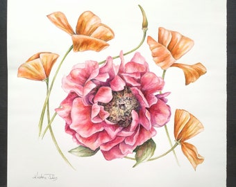 Pivoine et coquelicots - une peinture originale de l'artiste Kristen Johns, aquarelle, 30 x 30 cm, art botanique, art floral, illustration de plante