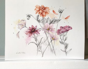 Garden Party with cosmos & dahlia - original painting by artist Kristen Johns, watercolour, 8.5x11 inch, Art for the gardener, nature lover