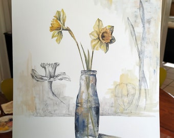 Jonquilles, une peinture originale de l'artiste Kristen Johns, 30,5 x 30,5 cm, pour les amateurs de jardins et de fleurs, gouache sur papier, art inspiré de la nature