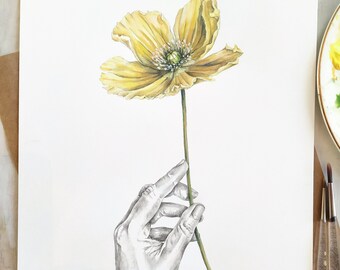 Soulever un coquelicot jaune, une peinture originale de l'artiste Kristen Johns, 9 x 12 pouces, art botanique, pour l'amateur de fleurs, jardinier