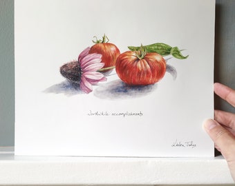 Tomates patrimoniales et échinacée - une peinture originale de l'artiste Kristen Johns, 8x10 pouces, aquarelle, art original pour les amoureux de la nature