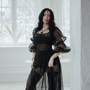 Black Tulle Dress, Boho dress, Gothic Dress, Transparent Tulle Cocktail Dress