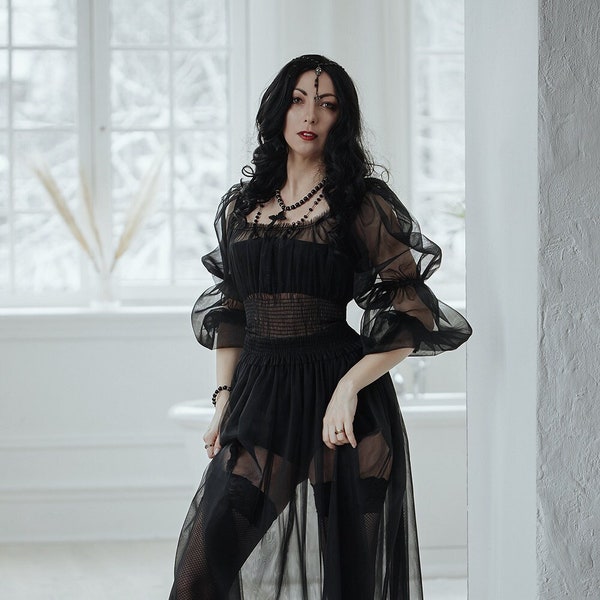 Robe en tulle noir, robe Boho, robe gothique, robe de cocktail en tulle transparent