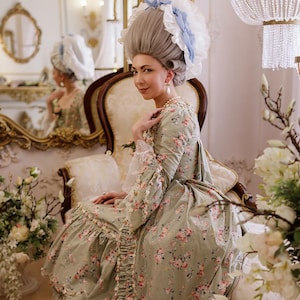 Peut inclure: Une femme vêtue d'une robe historique à motifs floraux, assise sur une chaise vintage. La robe est vert clair avec des fleurs roses et des détails en dentelle. Elle porte une grande perruque avec un accent bleu.