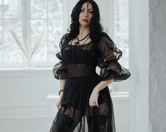 Black Tulle Dress, Gothic Boho Transparent Cocktail Dress