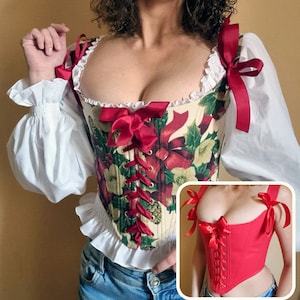 Corsetto morbido in stile rococò del XVIII secolo, a doppia faccia, Natale, rosso