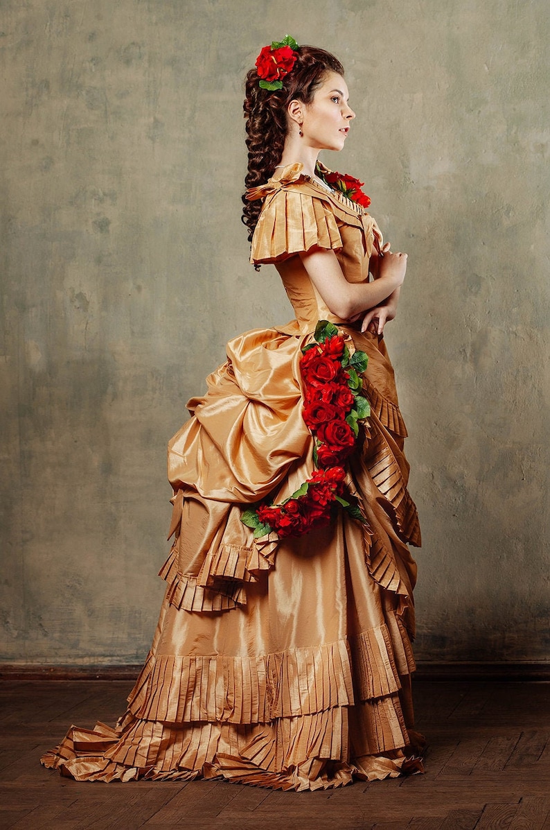 Golden Victorian bustle gown dress late 19th century costume | Etsy