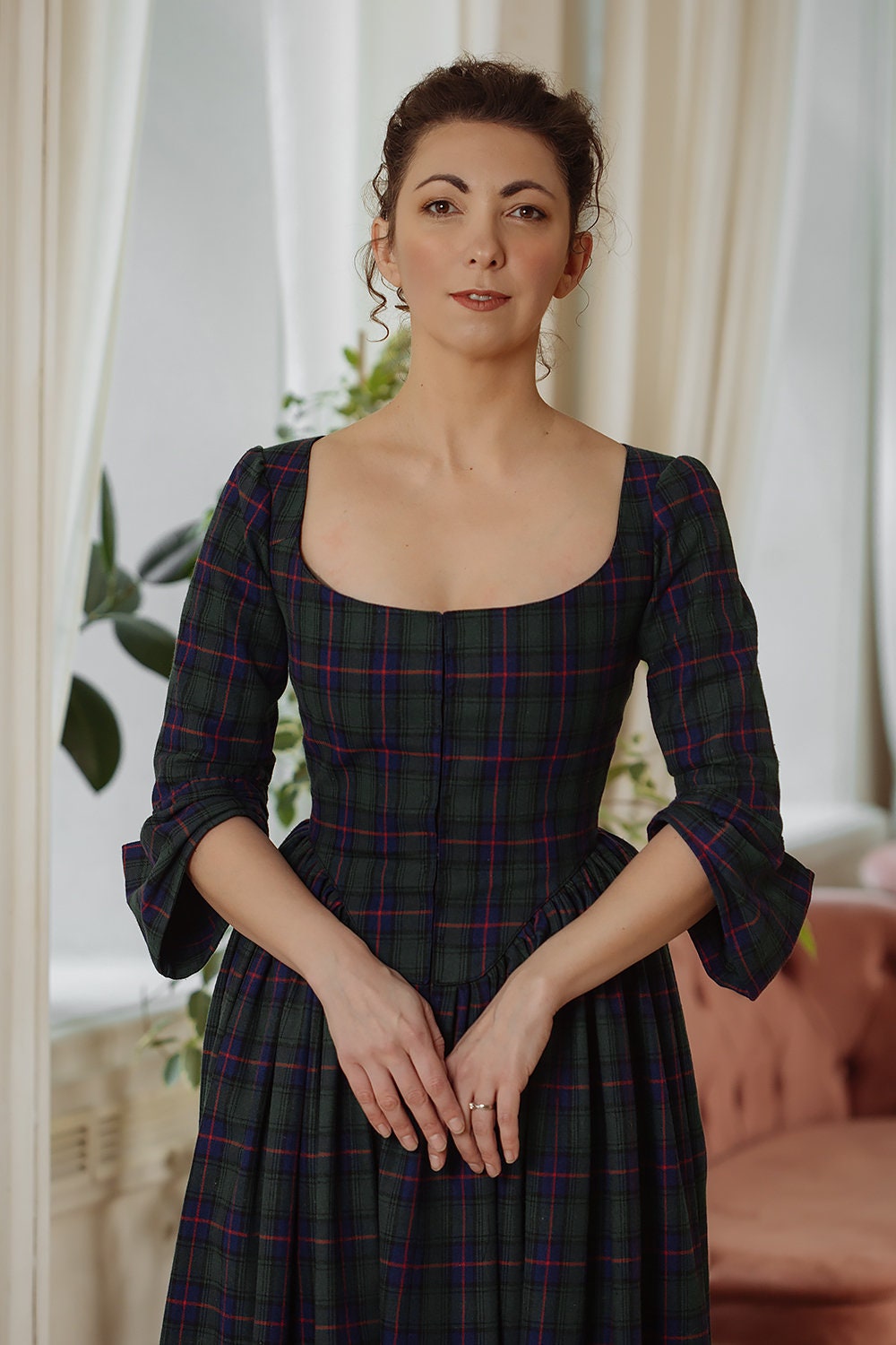 Tartan Rococo Period 18th Century, Scottish Style Dress