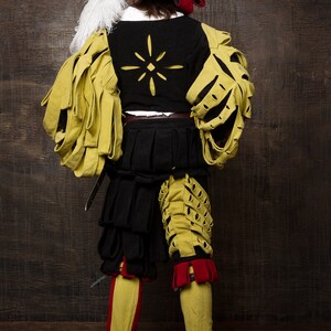 May include: A historical costume featuring a black and yellow doublet with a starburst design, black shorts, and yellow leggings with red accents. The outfit includes a red and black hat with a white feather and black shoes.