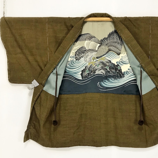 UNUSED Vintage Japanese Haori Mens Eagle Kanagawa Wave GreenTsumagi Cotton Silk Cardigan Jacket / J484