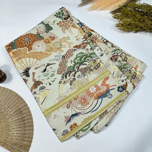 Japanese Maru Obi Flying Crane Flower Paulownia Chrysanthemum Beige Gold Brown / C599