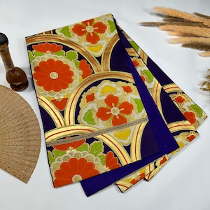 GOOD QUALITY Japanese Fukuro Obi Seigaiha Purple Orange Gold / C582