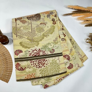 Japanese Maru Obi Flying Crane Chrysanthemums Paulownia Flower Brown Gold / C576