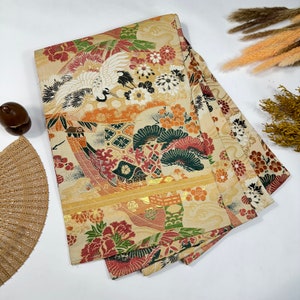 Japanese Maru Obi Flying Crane Flower Paulownia Chrysanthemum Beige Gold Green / C585