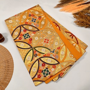 GOOD QUALITY Japanese Fukuro Obi Flower Chrysanthemum Mustard Gold/ C597