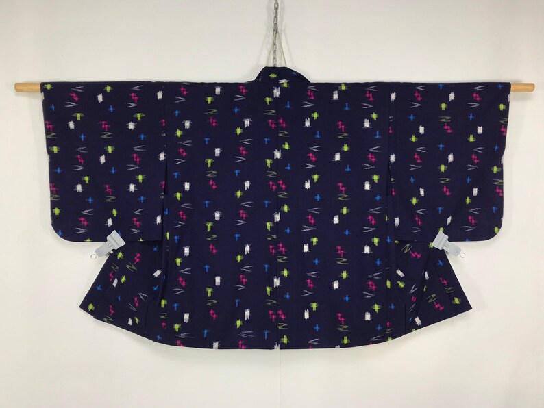 Vintage Japanese Haori Kimono Womens Wool Kasuri Ikat Cardigan Jacket Dark Blue