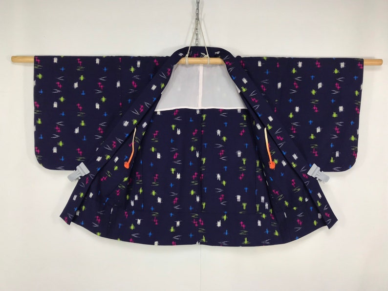 Vintage Japanese Haori Kimono Womens Wool Kasuri Ikat Cardigan Jacket Dark Blue
