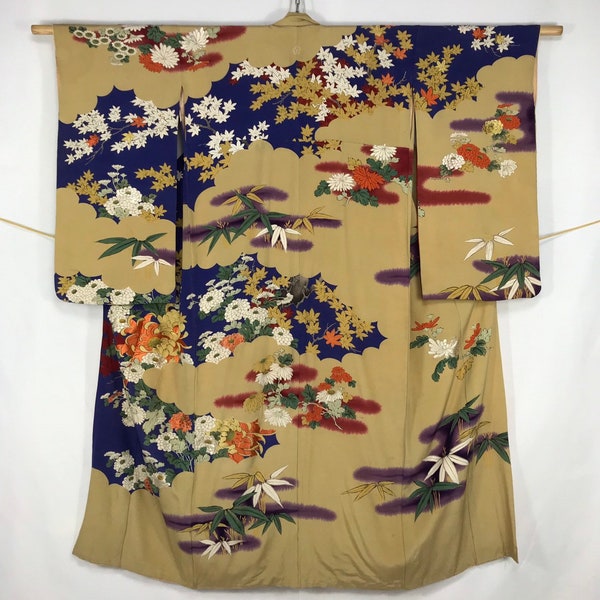 Vintage Japanese Kimono Womens Soft Silk Mustard Purple Blue