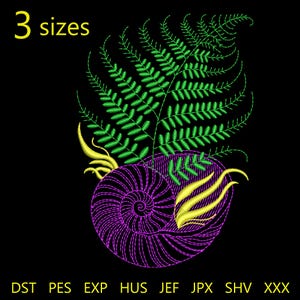 Fern & Shell Machine Embroidery Design (DST, PES) - 3 Sizes