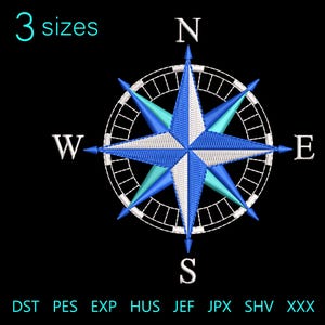 Könnte beinhalten: Ein blauer und weißer Kompass mit weißem Hintergrund und schwarzem Umriss. Der Kompass zeigt nach Norden, Süden, Osten und Westen. Der Kompass ist von einem Kreis mit schwarzem Hintergrund umgeben.