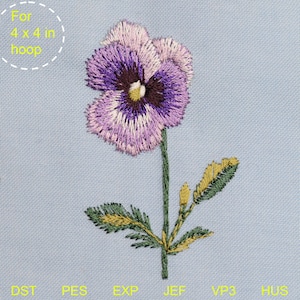 May include: Embroidered pansy flower design in shades of purple, lavender, and white, with a yellow center and green stem and leaves. The text "For 4 x 4 in hoop" is in a dashed circle. The bottom of the image shows the text "DST PES EXP JEF VP3 HUS".