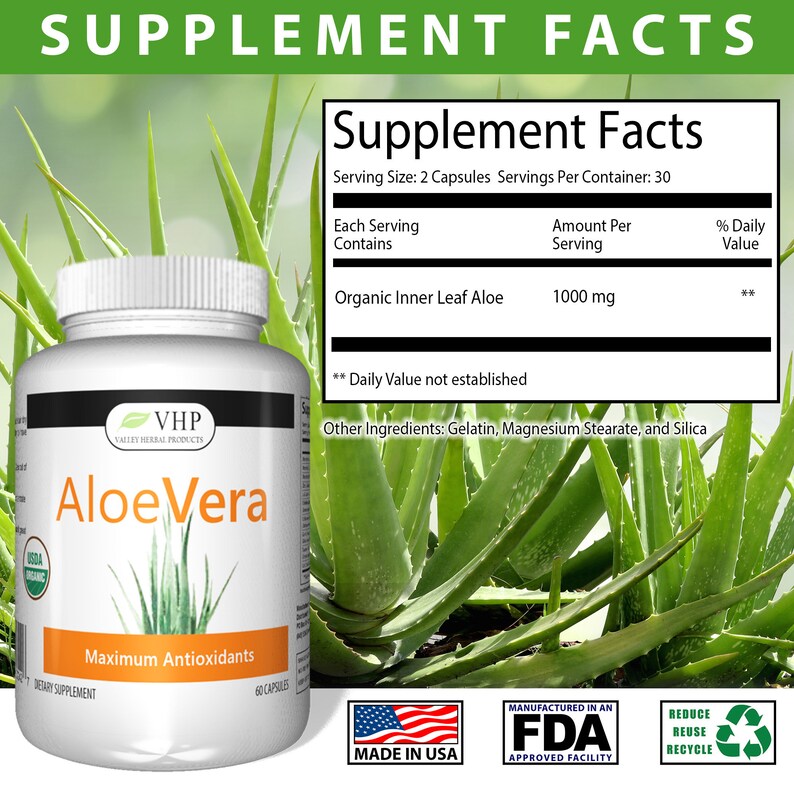 100 Organic Aloe Vera Supplement 1000mg per serving. Super Etsy