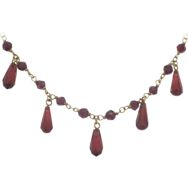 14K Gold Garnet Dangle Necklace with Choker Festoon Bib