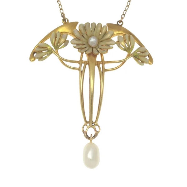 Antique Art Nouveau Enamel 14K Gold Jugendstil Necklace