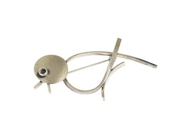 Belle broche moderniste stylisée oiseau chanteur en argent sterling