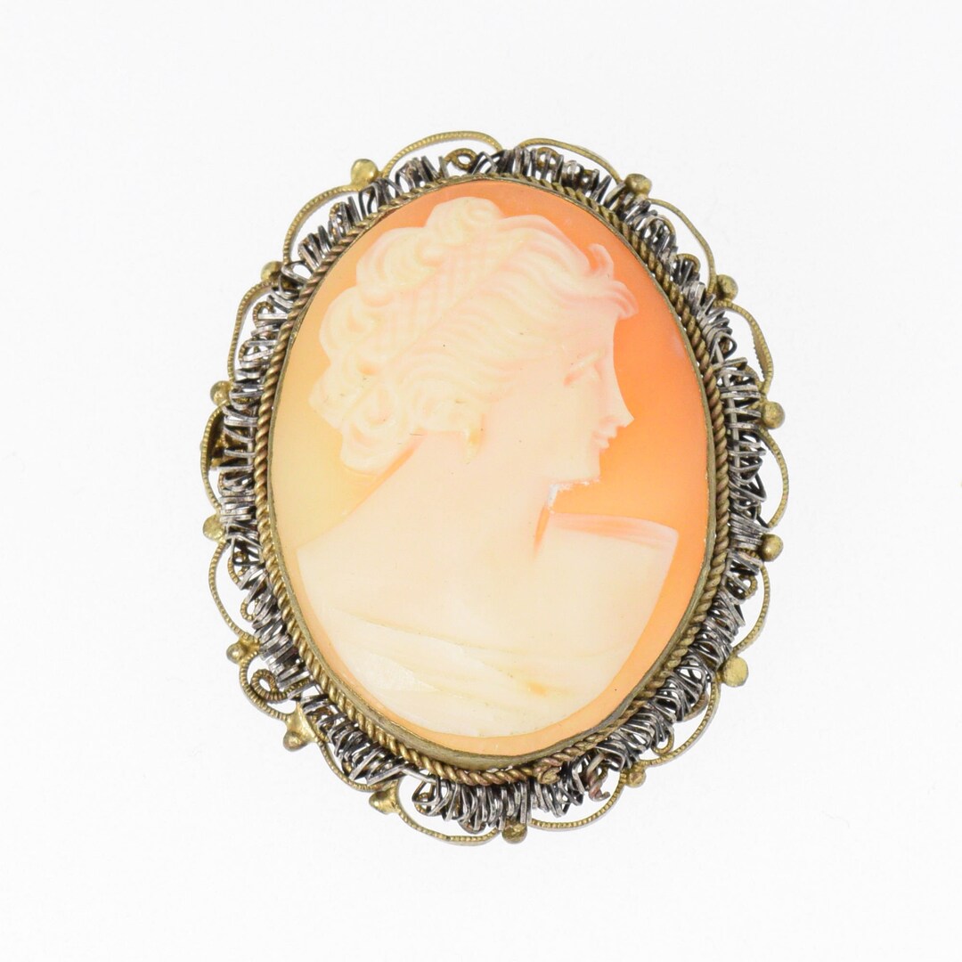 Art Deco 1930s Gold and Silver Filigree Carved Shell Cameo Pendant or ...