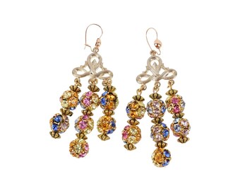 Boucles d'oreilles pendantes fantaisie plaquées or avec cristaux arc-en-ciel multicolores