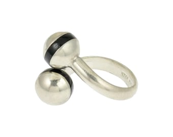 Bague boule en argent sterling émaillé noir Taxco Mexico taille 6