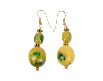 Boucles d'oreilles pendantes en bakélite vintage, plumeau d'épaule longues vert lime, tourbillon en bakélite