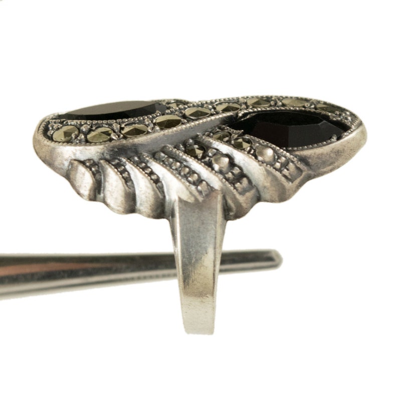 Vintage Onyx and Marcasite Figure 8 Sterling Silver Ring Size 5
