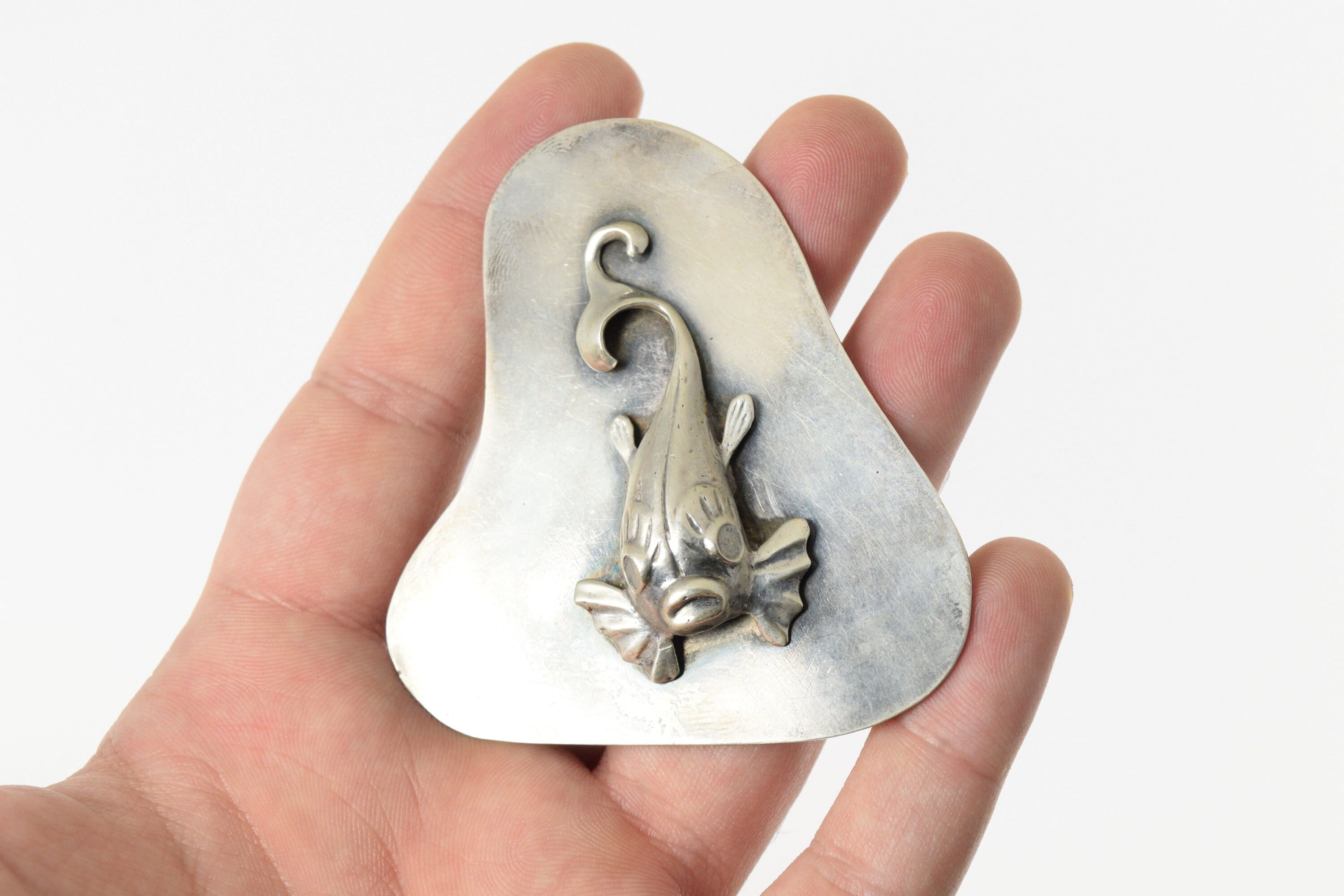 Big 3 Inch Mid Century Sterling Silver Raised Koi Fish in Abstract 