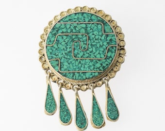 Épingle et pendentif vintage en alpaga et turquoise du Mexique en micro mosaïque