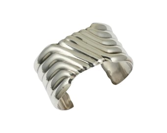 Bracelet manchette large à double côtes en argent sterling mexicain vintage Taxco