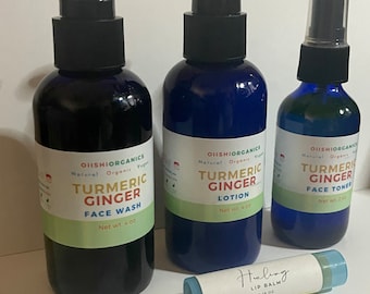 Tumeric Ginger Face Wash and Toner Skincare Kit, Organic Pore Minimizing Face Wash-Raw, Vegan, pH Balancing, sensitive skin safe.