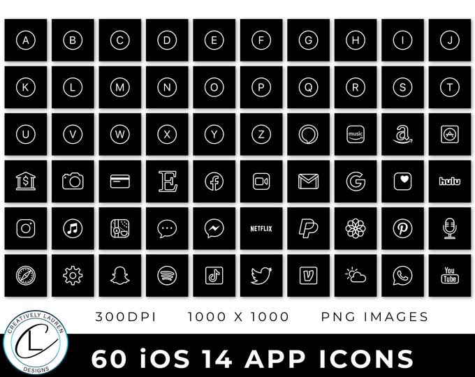 60 Black and White Ios 14 App Icons Ios 14 Icons Black and Etsy