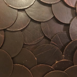 May include: A close-up of a brown leather wall covering made of overlapping circles.