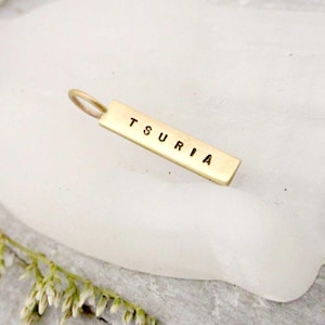 Tiny 14 Karat Gold Rectangle Tag Necklace, Rectangle Name Pendant, Date Charm, Gold Name Charm, Child&#39;s Name Necklace, Mother&#39;s Jewelry