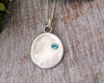 Silver Fingerprint Necklace with Blue Zircon / December Birthstone, Thumb Print Jewelry, Thumbprint Necklace, Finger Print Jewelry