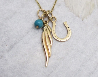 Modern Angel Wing, Lucky Horseshoe and Gem Bead Necklace in Solid 14 Karat Yellow Gold