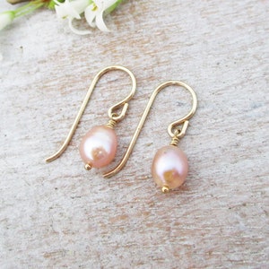 Warm Pink Pearl Earrings in Gold Filled or Sterling Silver, Pearl Hook Earrings, Bridal Jewelry, Bridesmaids Gifts image 1