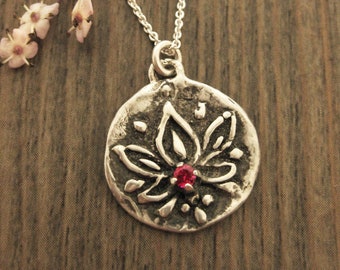 Ruby Lotus Amulet Necklace, Yoga Jewelry, Spiritual Jewelry, Symbolic Jewelry, Lotus, Buddhist, Birthstone, Gemstones