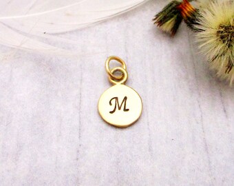 Gold Small Disc Cursive Initial Charm, Solid 14 Karat Yellow Gold Charm with any Initial A-Z, Choose your gold color.