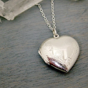 Large Engraved Heart Locket in Sterling Silver, Vintage Look Hinged Engraved Locket, Photo Locket, Keepsake Heart Locket, Memorial Locket