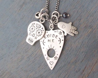 Superstition Necklace in Sterling Silver includes Planchette for Ouija Boad, Hamsa Hand, Sugar Skull, Heart and Pearl on Silver Chain