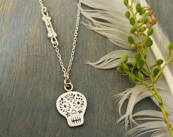 Day of The Dead Sugar Skull Necklace, Silver Sugar Skull Charm, Sugar Skull and Bone Necklace